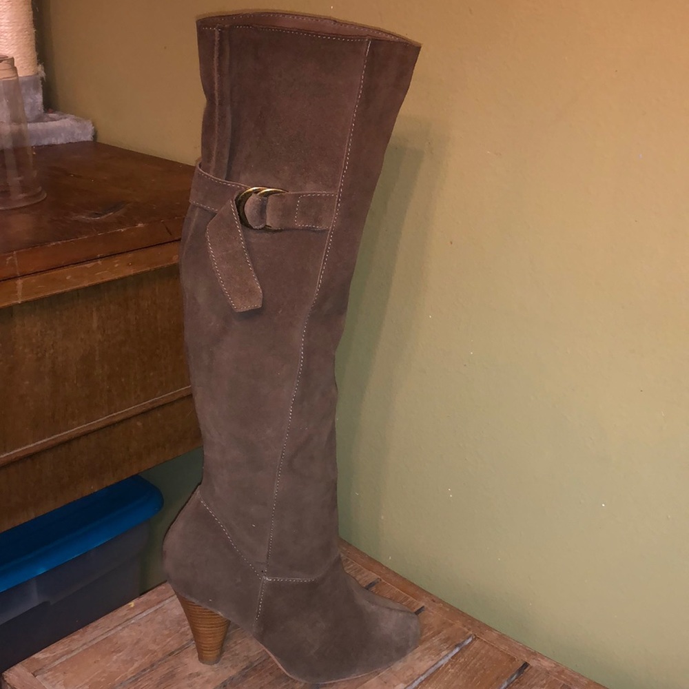 Restricted brand brown suede heeled boots